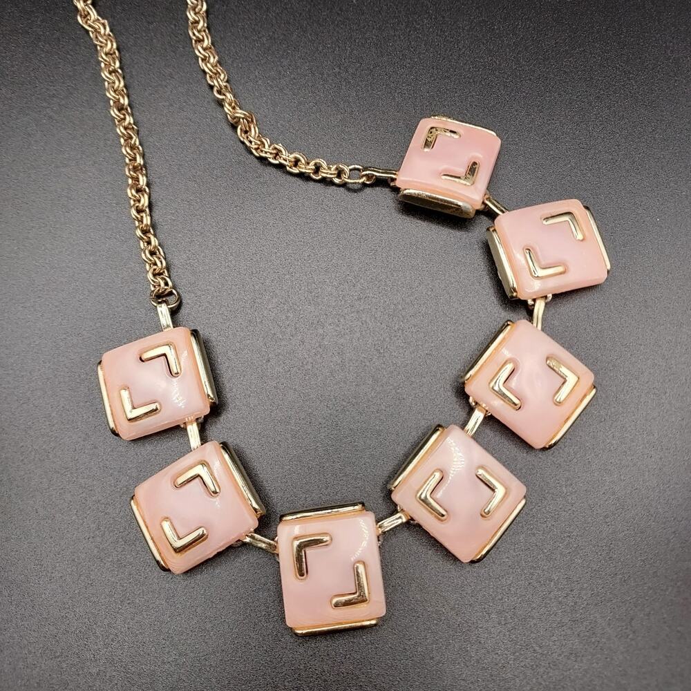 Vintage Pastel Pink Thermoset Necklace Gold Tone 1950s Retro MCM Spring